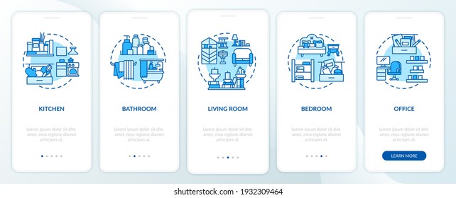 Decluttering areas onboarding mobile app page screen with concepts. Places in home to clean walkthrough 5 steps graphic instructions. UI vector template with RGB color illustrations