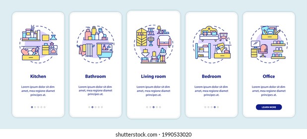 Decluttering areas onboarding mobile app page screen with concepts. Places in home to clean walkthrough 5 steps graphic instructions. UI vector template with RGB color illustrations