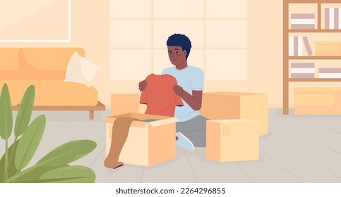 Decluttering before moving flat color vector illustration. Young man packing unwanted clothes into boxes. Hero image. Fully editable 2D simple cartoon character with house interior on background