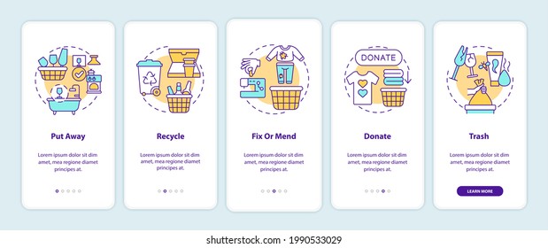 Decluttering categories onboarding mobile app page screen with concepts. Use baskets, and boxes. Simplify life walkthrough 5 steps graphic instructions. UI vector template with RGB color illustrations