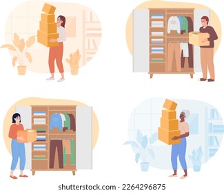 Decluttering clothes in wardrobe 2D vector isolated spot illustration set. People with cardboard boxes flat characters on cartoon background. Colorful editable scene pack for mobile, website, magazine