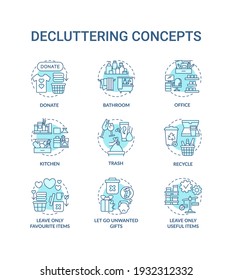 Decluttering concept icons set. Trash and recycling idea thin line RGB color illustrations. Letting go unwanted presents. Donation. Vector isolated outline drawings. Editable stroke