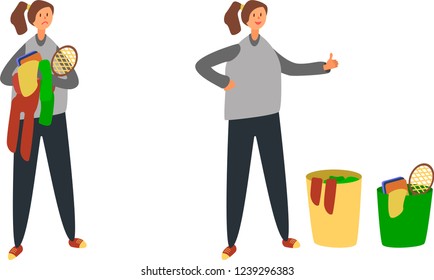 Decluttering house vector illustration. Young woman sorting stuff to donate or move to trash. Flat design character isolated on white background. 