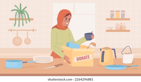 Decluttering kitchen appliances and utensils flat color vector illustration. Packing for donating. Hero image. Fully editable 2D simple cartoon character with interior on background. Oswald font used