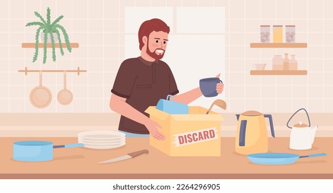 Decluttering kitchen countertop and drawers flat color vector illustration. Packing for discarding. Hero image. Fully editable 2D simple cartoon character with interior on background. Oswald font used