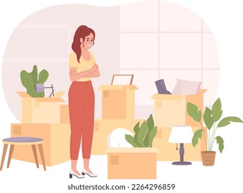 Decluttering and organizing boxes before moving 2D vector isolated spot illustration. Smiling woman flat character on cartoon background. Colorful editable scene for mobile, website, magazine