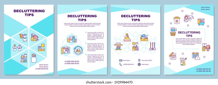 Decluttering tips brochure template. Cleaning house rooms. Flyer, booklet, leaflet print, cover design with linear icons. Vector layouts for magazines, annual reports, advertising posters