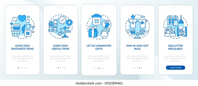 Decluttering tips oonboarding mobile app page screen with concepts. Home cleaning-out and decluttering walkthrough 5 steps graphic instructions. UI vector template with RGB color illustrations