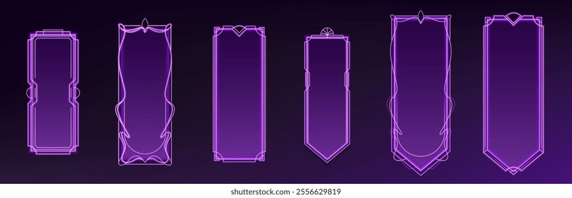 Deco frame for ui game. Medieval fantasy button for luxury interface. Magic islamic neon rectangle box with ancient ornament. Led sign bar with gradient texture. Premium purple banner for rpg