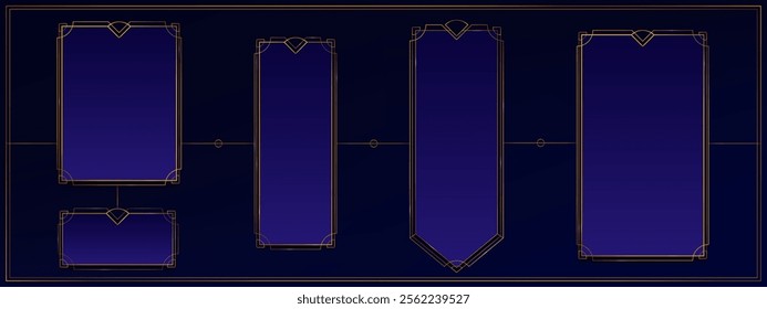 Deco frame for ui game. Medieval fantasy button for luxury interface. Magic islamic blue gradient rectangle box with golden royal thin ornament. Chic gui icon set for premium app design vector