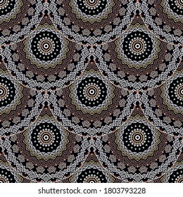 Deco greek tiled mandalas seamless pattern. Vector ornamental ethnic style floral background. Repeat patterned tribal backdrop. Ancient greek key, meanders ornament. Geometric ornate modern design.