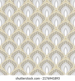 Patrón ininterrumpido de decoración. Formas curvadas y líneas onduladas fondo vectorial ornamental. Baldosas griegas Deco adornos con curvas, olas. Diseño moderno y aislado sobre blanco. Textura sin fin.