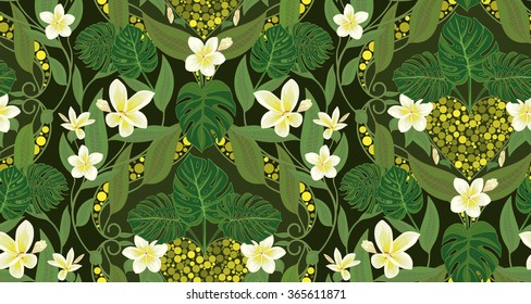 Deco seamless pattern with flowers frangipani and leaves monstera. Vector illustrations