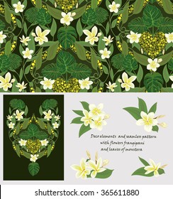 Deco seamless pattern with flowers frangipani and leaves monstera. Vector illustrations