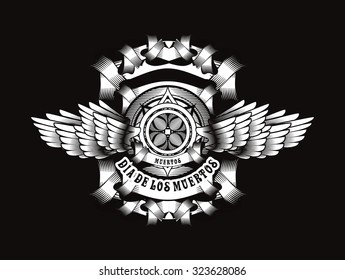 deco shield heraldry on the day of the dead in Mexico, vector illustration black and white version