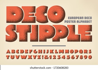 Deco Stipple Art Deco style alphabet. This font makes use of a classic vintage stippled shading style used on European poster art in the 1920s and 1930s. The bold lettering has a plumped up look.