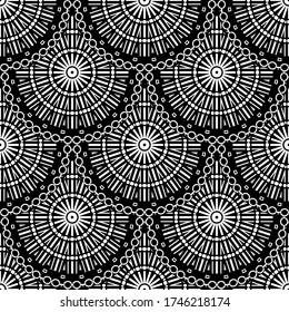 Deco Vektor rund mandalas Vektor nahtlos Muster. Geometrischer abstrakter Hintergrund Boho Geometrische Formen, Zickzacklinien, Ketten, Kreise, Schwarz-Weiß-Zierschmuck. Ethnisches Wiederholdesign.