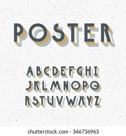 Deco vintage poster typeface, font. Set of retro style latin capital letters. 