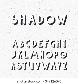 Deco vintage poster typeface, font. Set of strict latin capital letters, white with dark shadow.  