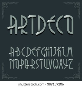 Deco vintage poster typeface, font. Set of retro style latin capital letters with ribbons. 