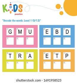 Decode the 3-letter words. Worksheet practice for preschool, elementary and middle school kids. Fun logic puzzle activity sheet.