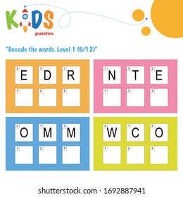 Decodificar las palabras de 3 letras. Práctica de hoja de trabajo para niños de preescolar, elemental y medio. Ficha de actividad del rompecabezas lógico divertido.
