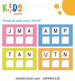 Decode the 3-letter words. Worksheet practice for preschool, elementary and middle school kids. Fun logic puzzle activity sheet.