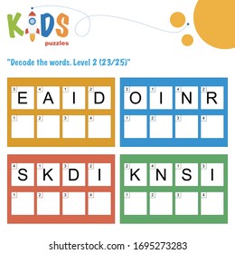 Decode the 4-letter words. Worksheet practice for preschool, elementary and middle school kids. Fun logic puzzle activity sheet.