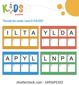Decode the 4-letter words. Worksheet practice for preschool, elementary and middle school kids. Fun logic puzzle activity sheet.