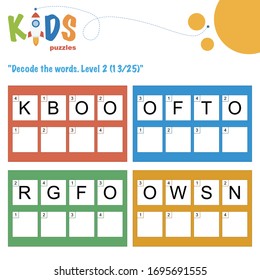 Decode the 4-letter words. Worksheet practice for preschool, elementary and middle school kids. Fun logic puzzle activity sheet.