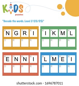 Decode the 4-letter words. Worksheet practice for preschool, elementary and middle school kids. Fun logic puzzle activity sheet.