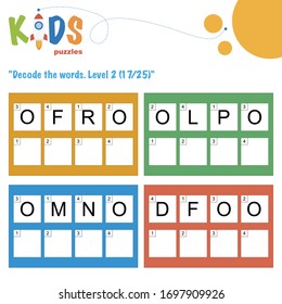 Decode the 4-letter words. Worksheet practice for preschool, elementary and middle school kids. Fun logic puzzle activity sheet.