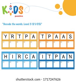 Decode the 5-letter words. Worksheet practice for preschool, elementary and middle school kids. Fun logic puzzle activity sheet.