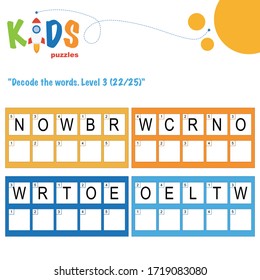 Decode the 5-letter words. Worksheet practice for preschool, elementary and middle school kids. Fun logic puzzle activity sheet.