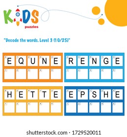 Decode the 5-letter words. Worksheet practice for preschool, elementary and middle school kids. Fun logic puzzle activity sheet.