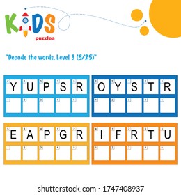 Decode the 5-letter words. Worksheet practice for preschool, elementary and middle school kids. Fun logic puzzle activity sheet.