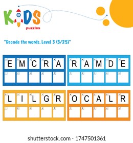 Decode the 5-letter words. Worksheet practice for preschool, elementary and middle school kids. Fun logic puzzle activity sheet.