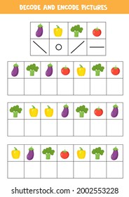 Decode and encode pictures. Logical game with cute cartoon vegetables.