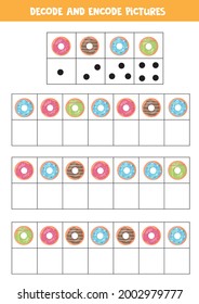 Decode and encode pictures. Logical game with cute cartoon donuts.