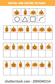 Decodar y codificar imágenes. Juego lógico con calabazas de Halloween.