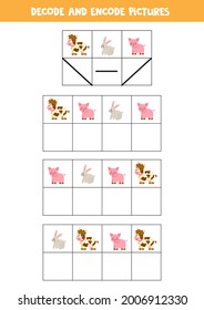 Decode and encode pictures. Logical game with cute farm animals.