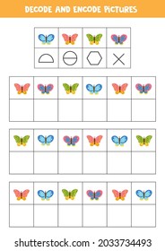 Decodar y codificar imágenes. Juego lógico con lindas mariposas coloridas.