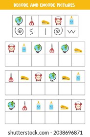 Decodar y codificar imágenes. Juego lógico con suministros escolares lindos.