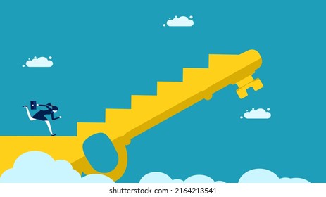  Decode and succeed. A business woman travels up the stairs of keys. business concept vector illustration