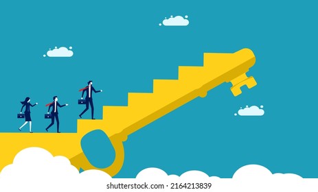 Decode and succeed. A businessman travels up the stairs of keys. business concept vector illustration