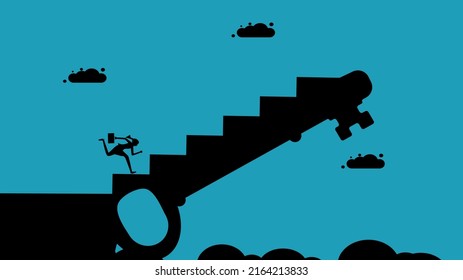 Decode and succeed. Businesswoman walking up the stairs of the keys. black silhouette vector illustration business concept