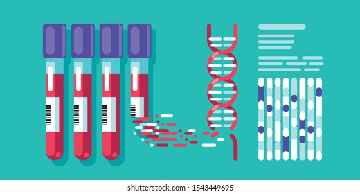 Decoding DNA spiral from a flask with biological materials. DNA test flat illustration.