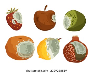 Decomposed And Decaying Fruits, Strawberry, Apple, Kiwi and Orange, Lemon and Garnet That Have Lost Freshness And Become Spoiled with Foul Odor And Covered with Green Mold. Cartoon Vector Illustration