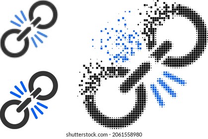 Decomposed pixelated damage chain link pictogram with halftone version. Vector wind effect for damage chain link symbol.