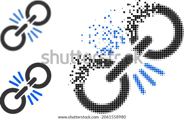 Decomposed\
pixelated damage chain link pictogram with halftone version. Vector\
wind effect for damage chain link\
symbol.